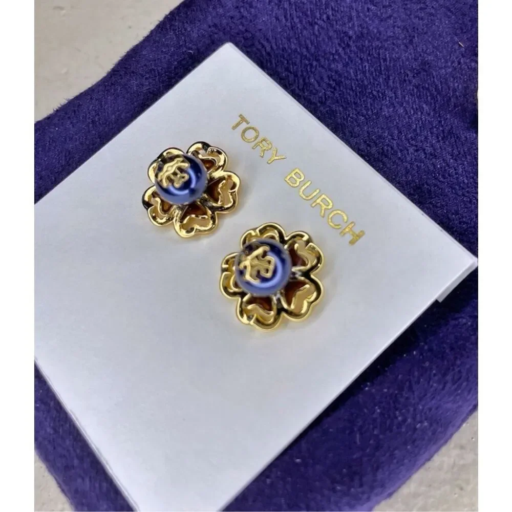 Tory Burch NEW 16k-gold plate blue faux pearl Katie Stud Earrings